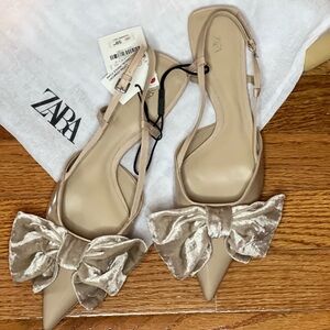 Zara Women's Tan Slingback Heels with Velvet Bow